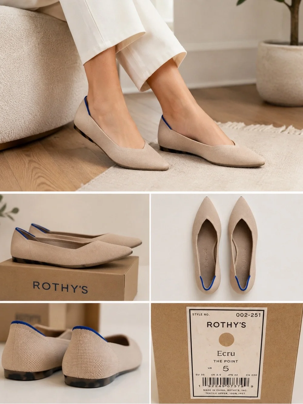 Rothy's Ecru Pointed Ballet Flats with Blue Trim